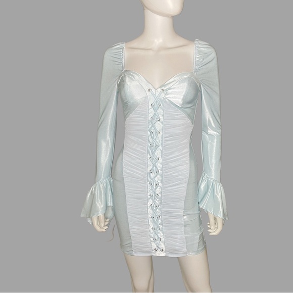 ASOS Shimmering Light Blue Cup Lace-Up‎ Long Sleeve Mini Dress - Picture 1 of 5